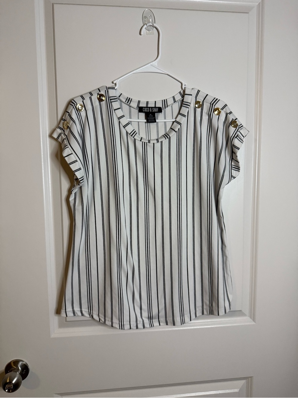 Coco & Sky White Vertical Stripe Button Shoulder Blouse